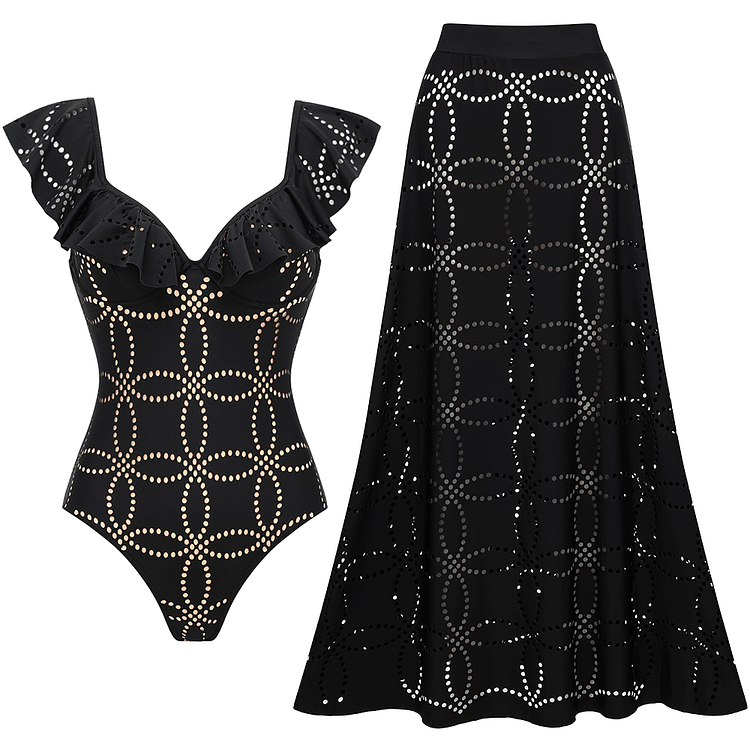 Underwired Black Ruffle Laser Cutting Flower One Piece