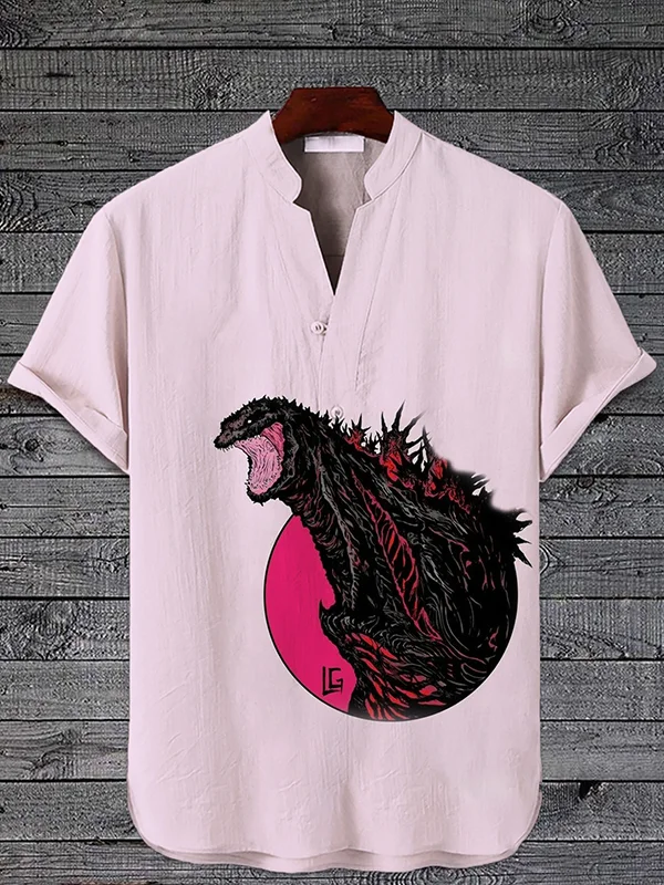 Men's Fierce Dinosaur Art Print Half Button Short Sleeve Shirt