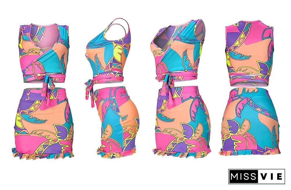 Women Streetwear Fashion Summer Print Bandage Crop Top Mini Skirt Party Clubwear Two Piece Set