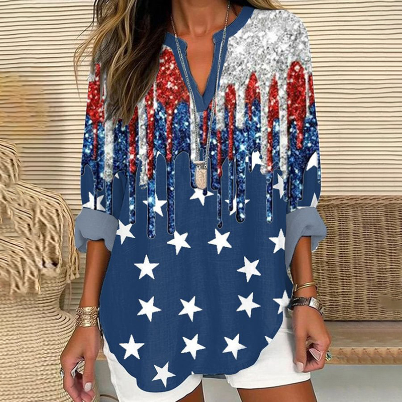 Comstylish Independence Day Printed V-Neck Loose Blouse