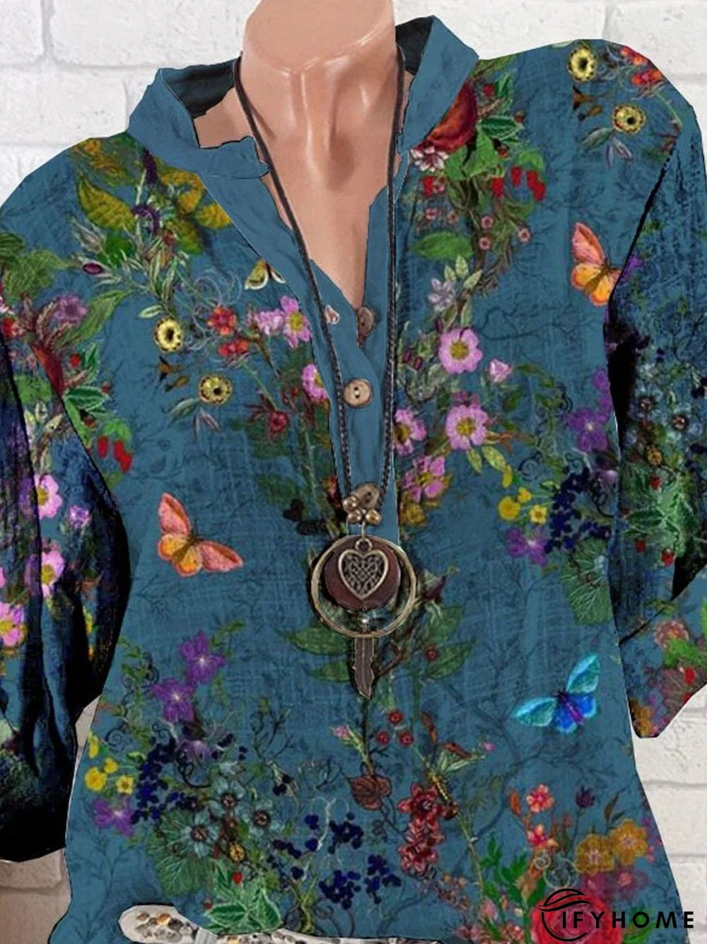 Printed Vacation Loose Stand Collar Tunic Blouse | IFYHOME