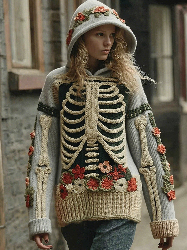 Vintage Halloween Anatomy With Floral Art Chunky Knitted Hooded Sweater