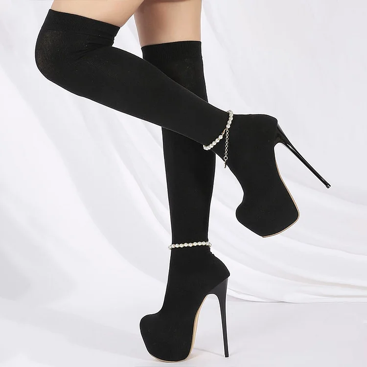 Black Platform Pearls Chain Stiletto Heel Boots Vdcoo