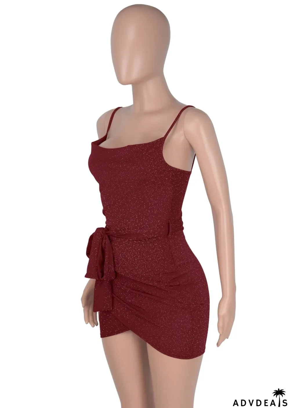 Women Summer Burgunry Sexy Strap Sleeveless Solid Pleated Mini Club Dress