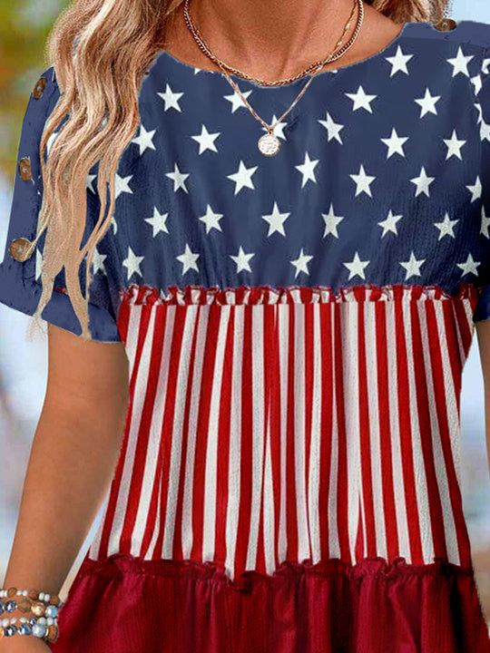 Women's Short Sleeve Scoop Neck Graphic Buttons Top