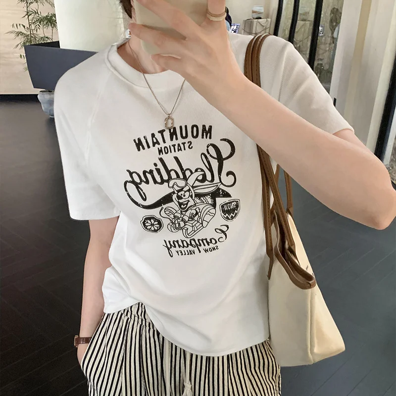 Ueong European High-End Print Loose Shoulder-Inserting Short-Sleeved T-Shirt Women's Summer 2024 New Blouse