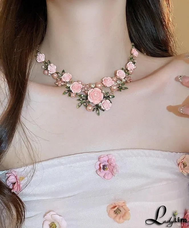 Cute Pink Sterling Silver Alloy Zircon Pearl Floral Pendant Necklace
