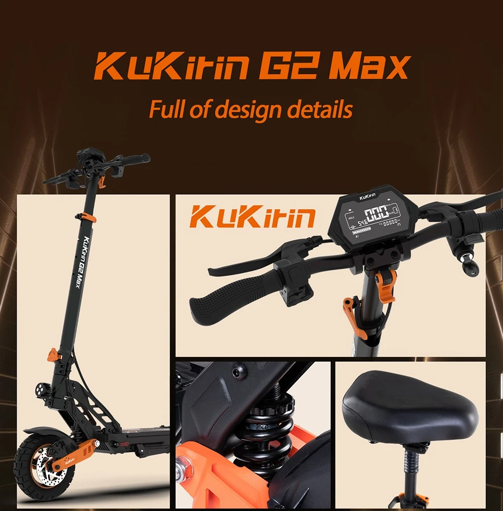 KuKirin G2 Max 电动滑板车,10 英寸越野轮胎,1000W 电机,最高时速 55 公里/小时,48V 20Ah 电池,续航里程 80 公里,最大载重 120 公斤,可拆卸座椅,高度可调节