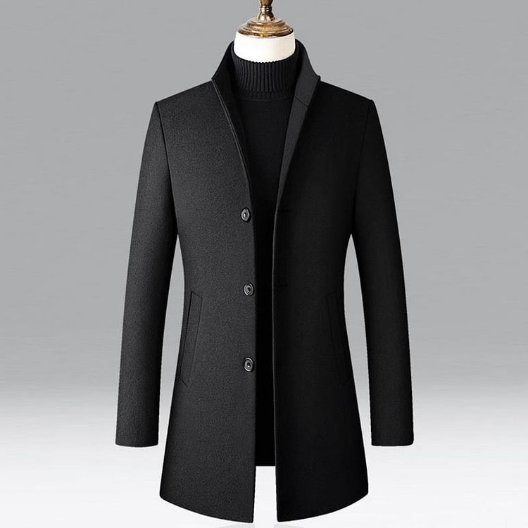 BrosWear Men's Simple Stand Neck Grey Single Breasted Woolen Coat
