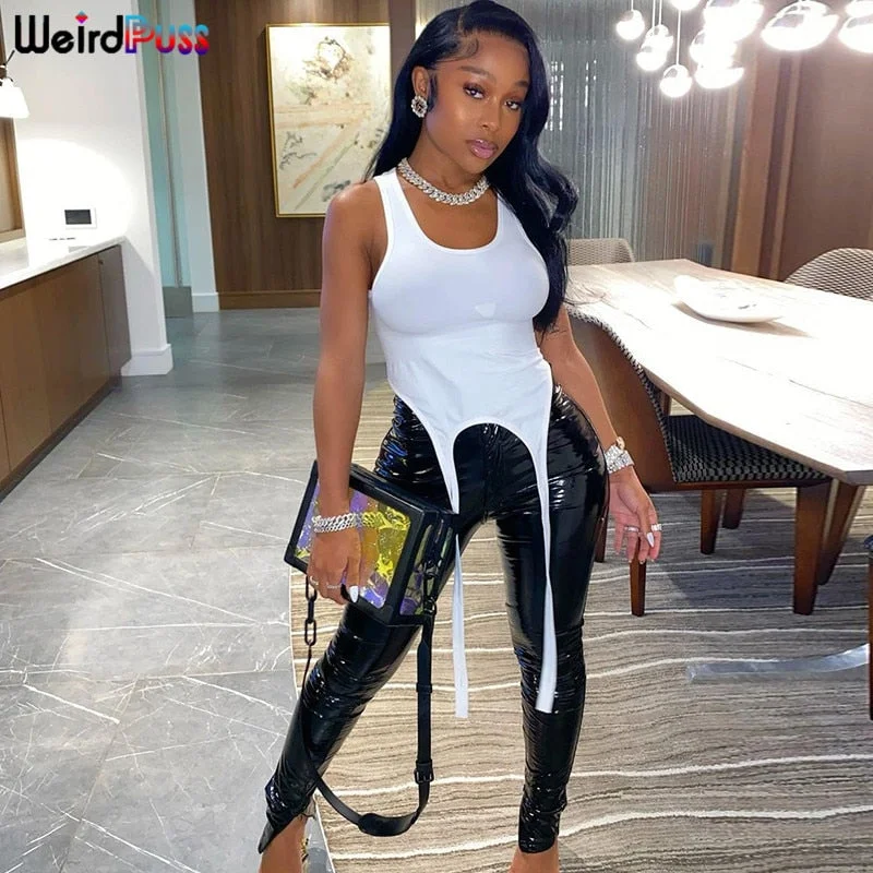 Weird Puss 2021 Summer Women Sleeveless Tank Top Skinny Basic Solid Long Ribbon Tops Fashion Sling Streetwear Female Casual Vest