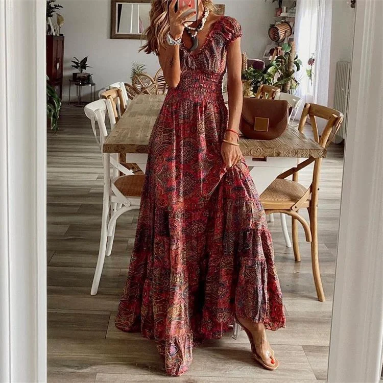 Holiday Style Waistband Floral Print Large Swing Maxi Dress