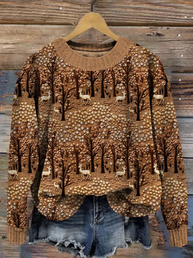 VChics Woodland Deer Forest Embroidery Art Cozy Knit Sweater