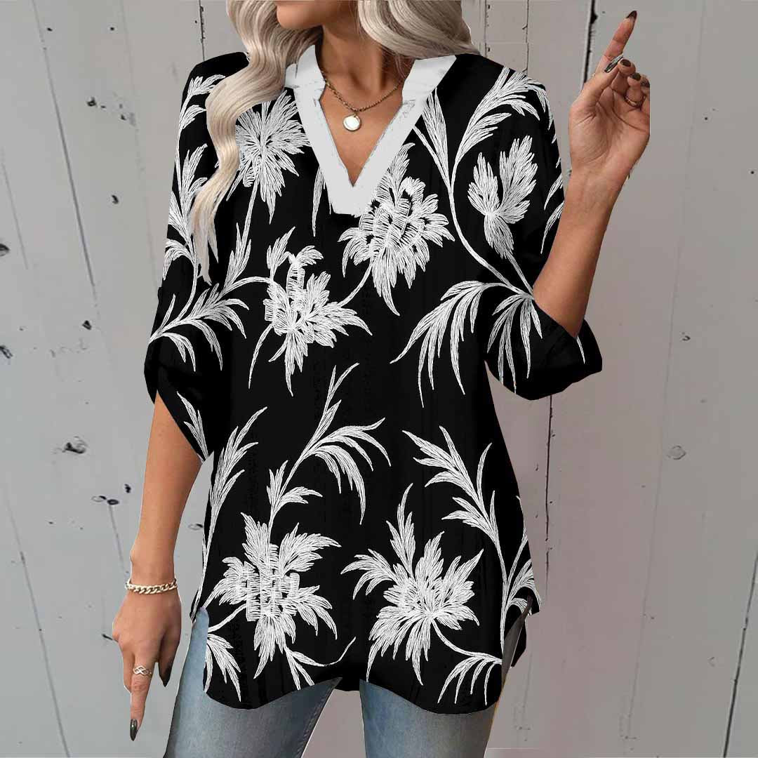 Women Leaves, Black, White DZGA0400 3/4 Sleeve V-neck Printed Graphic Button Tops