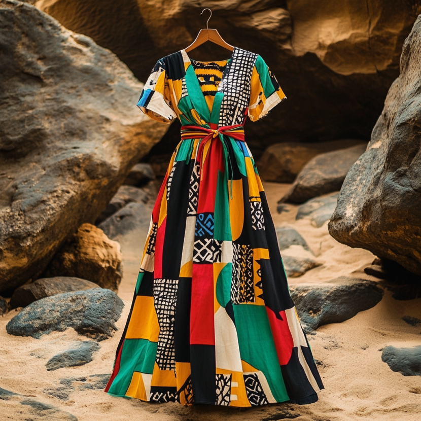 Women's Vintage Juneteenth Black Pride African Geometric Art Linen V-neck Short Sleeve Dress