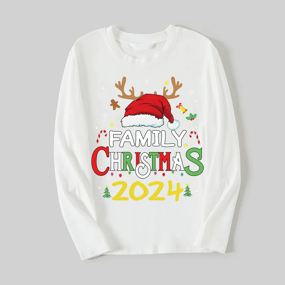 Red Santa Hat "2024 Family Christmas" Monogram Print Contrast White Long Sleeve with Vintage Red&Green Plaid Pants Family Matching Pajamas