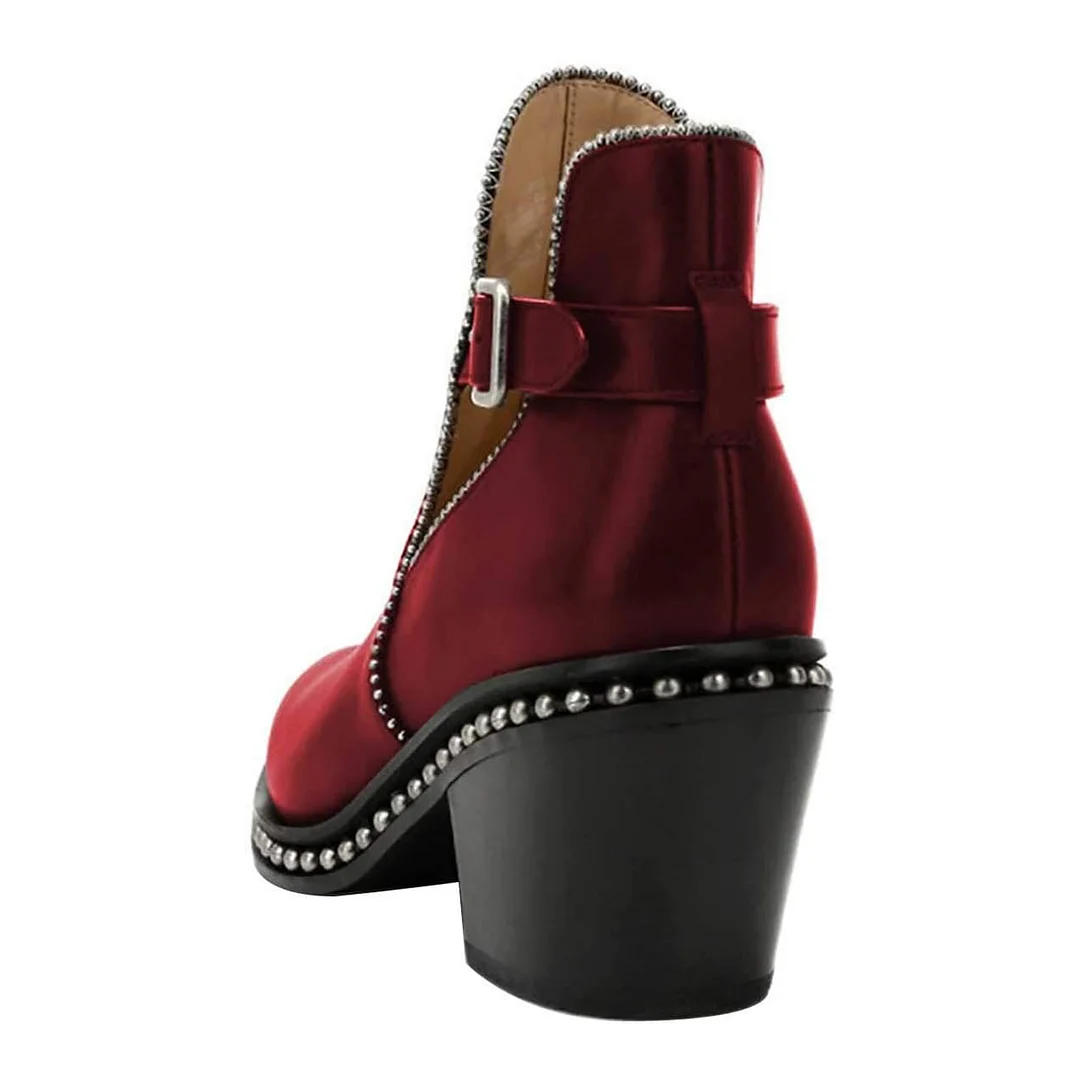 Pointed Toe Studded Buckle Strap Wine Chunky Heeled Ankle Boots