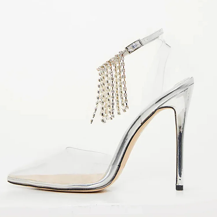 Clear Pointed Toe Wedding Heels with Tassel and Rhinestones Vdcoo