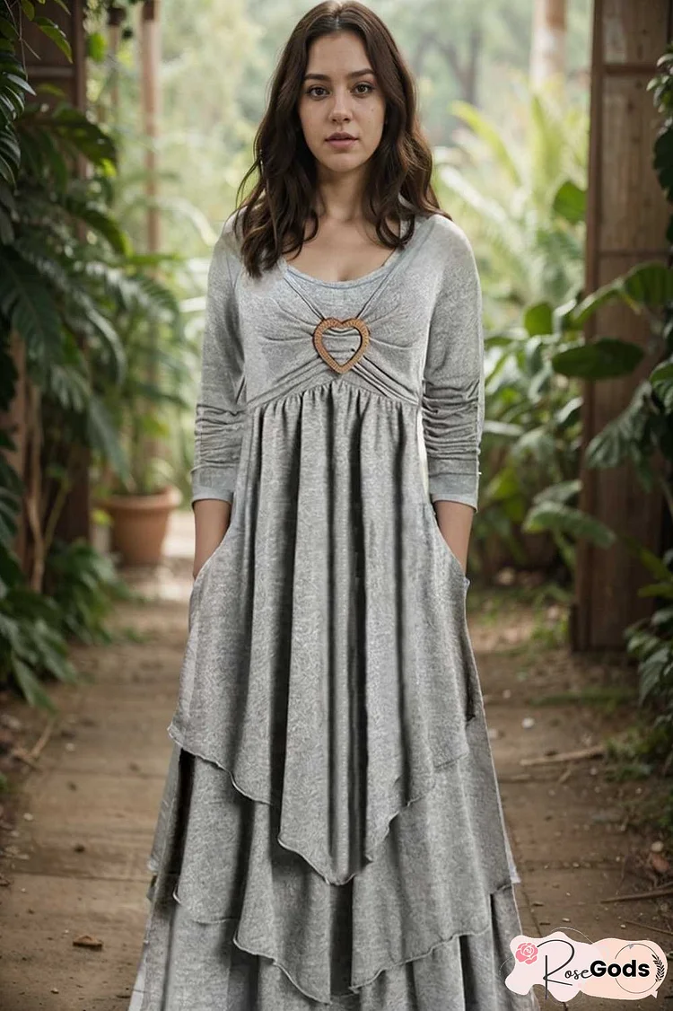 plus size elegant dress women s plus plain long sleeve layered heart ring decor round neck maxi dress