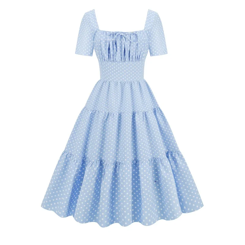 Vintage polka dot patchwork waistband large swing Hepburn cake dress
