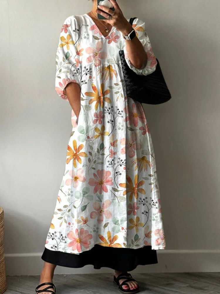 Floral Print Pocket V-neck Cotton Dress
