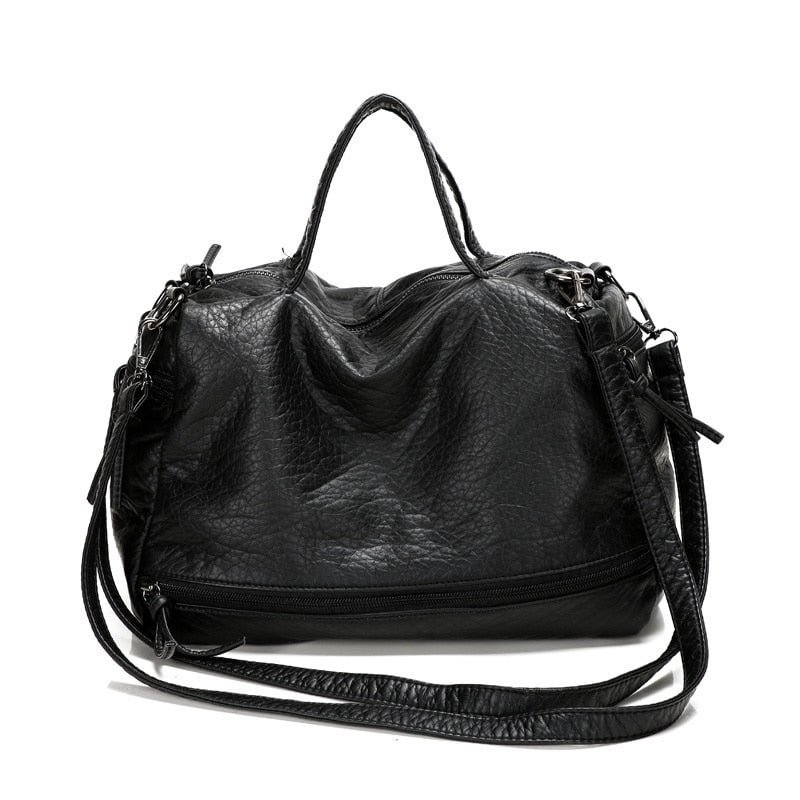 Fashion women Washed leather motorcycle bag Feels super soft PU handbag Shoulder bag large leisure travel bag Casual Tote black