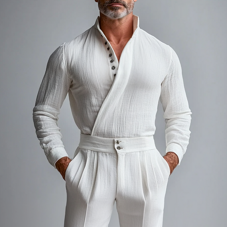 Men's Stand Collar Half Button Wrap Long Sleeve Shirt