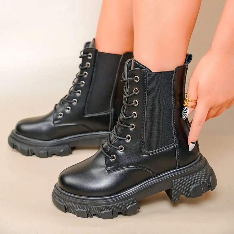 Lace Up Platform Ankle Boots Side With Stretch Knit Combat Boots