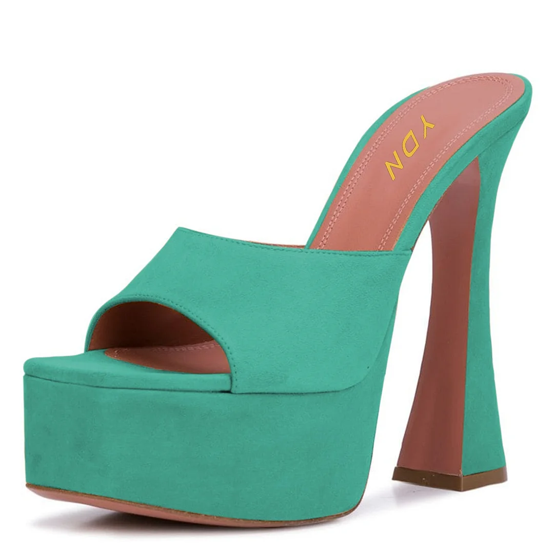 Turquoise Wide Strap Square Toe High Heel Platform Sandals for Women
