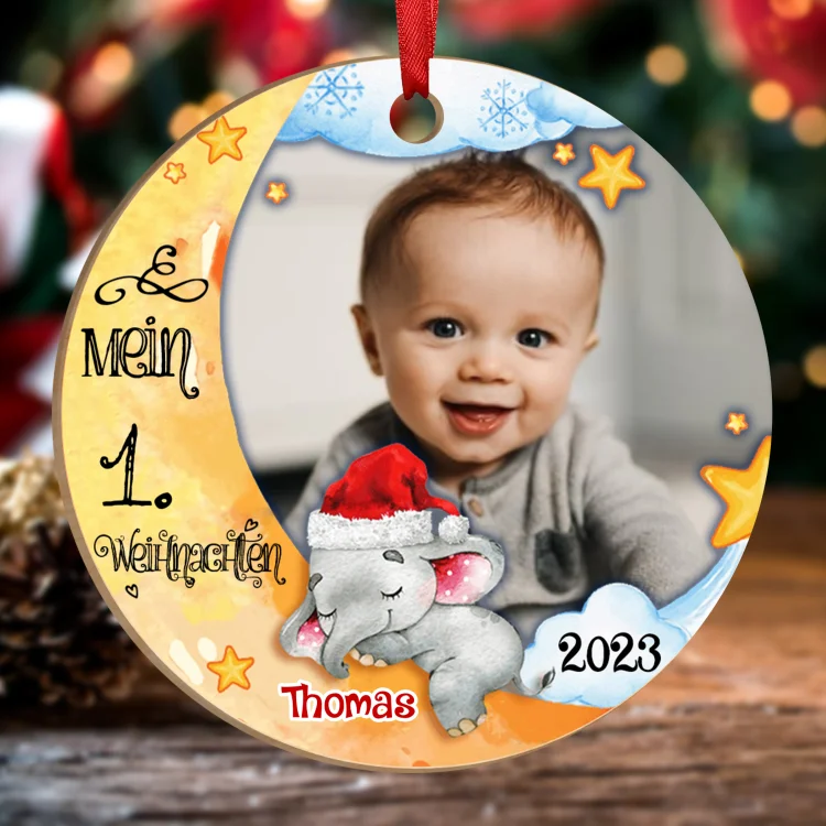 Kettenmachen Holz Weihnachtsornament-Personalisierter 1 Name & Foto Halbmond Rund Baby Ornament- Mein 1. Weihnachten