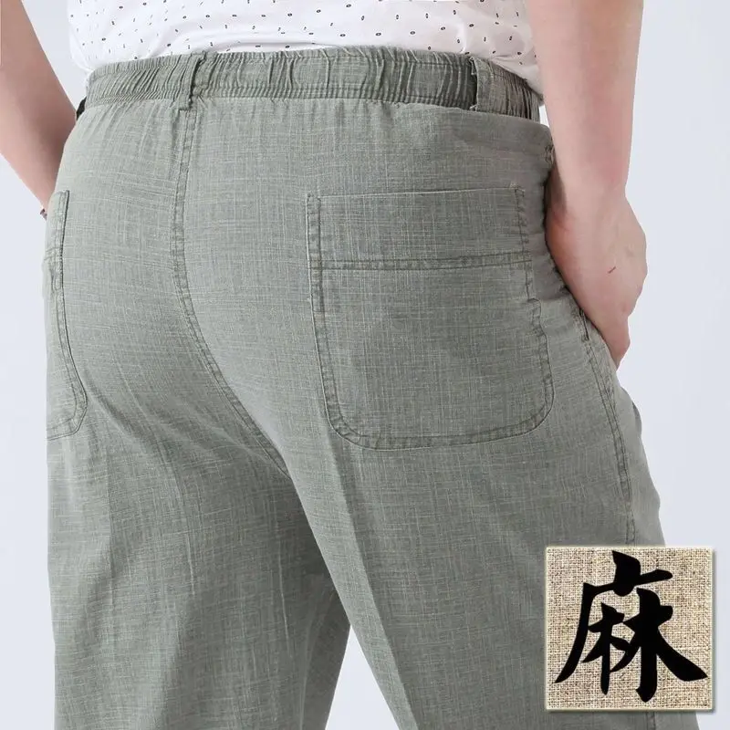 Fonhui Mens Cotton Linen Long Pants Summer Elastic Waist Trousers Solid Breathable High Waist Loose Leisure Resort Thin Straight Pants