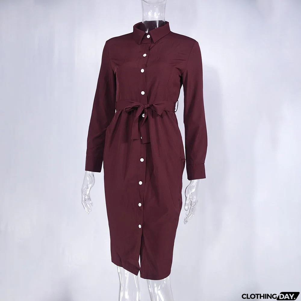 Long Dress Women Autumn Spring Casual Office Ladies Solid Green Long Sleeve Button Up Shirt Dresses Clothes  Fall Fashion