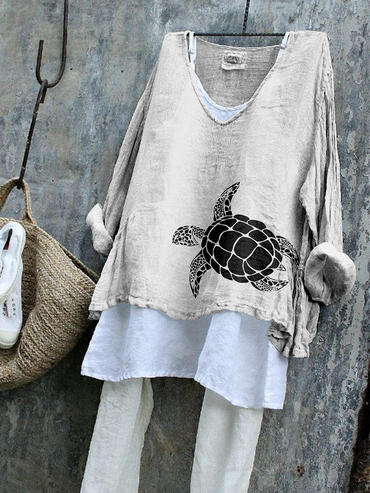Comstylish Sea Turtle Art Linen Blend Flowy Tunic