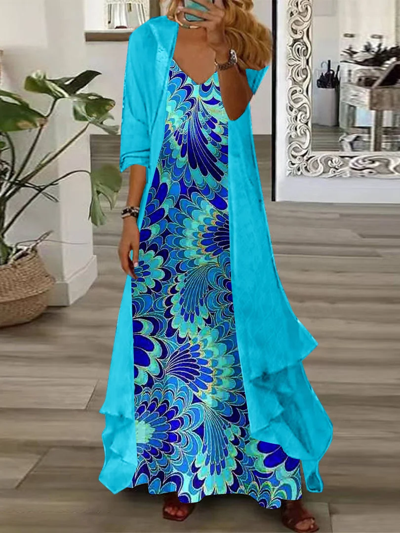 Women Half Sleeve V-neck Graphic Printed Two-Piece Maxi Dress