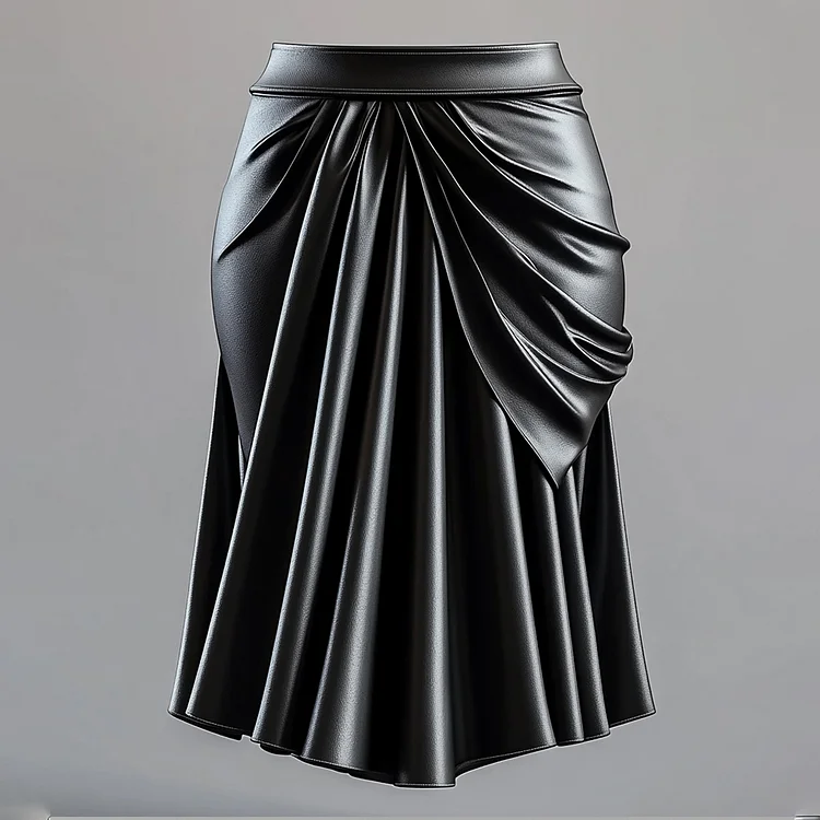Ursime Solid PU Leather Pleated High Waist Midi Skirt