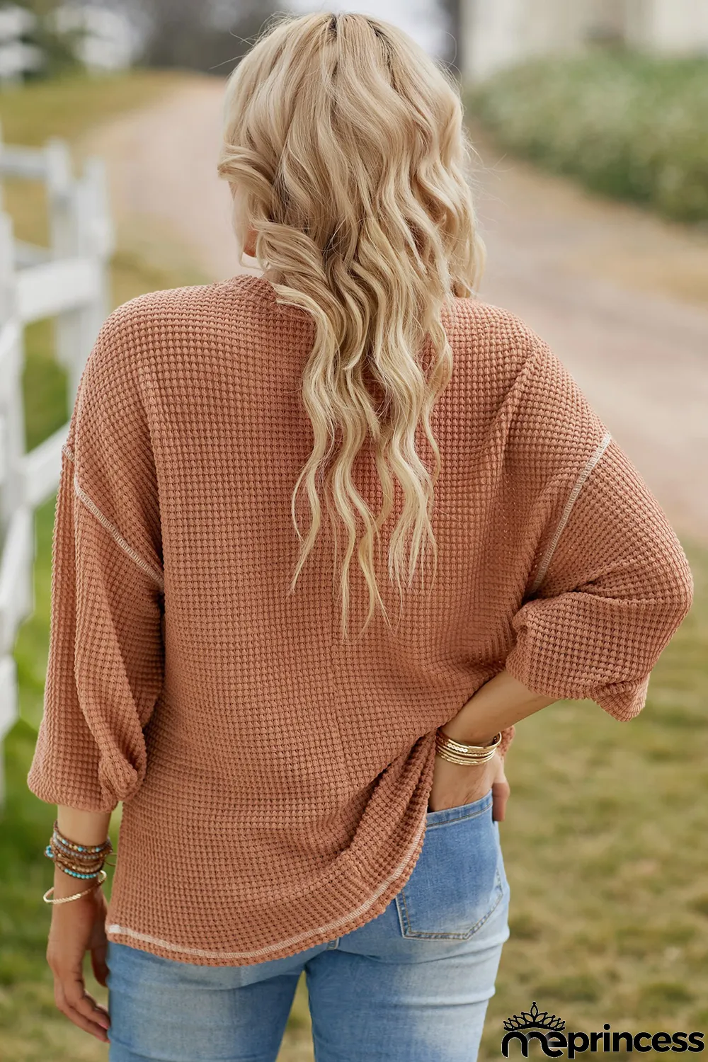 Grey Contrast Stitching Waffle Knit Top