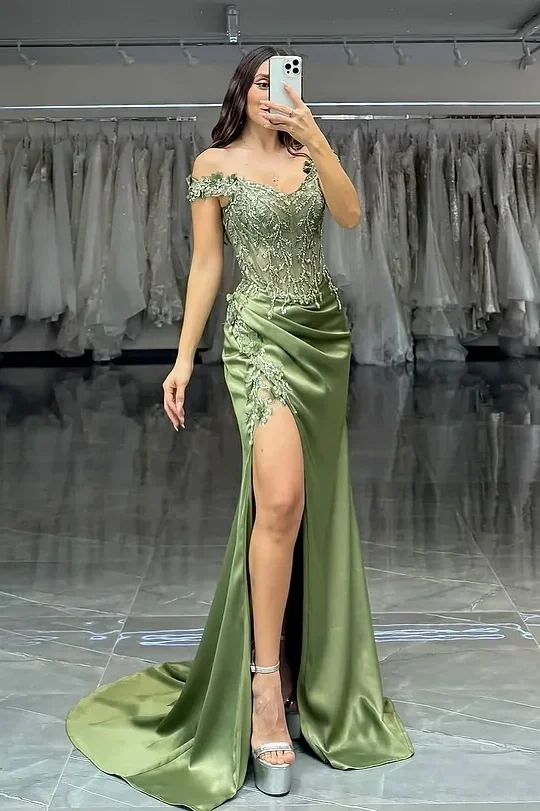 Daisda Green Sleeveless Off-Shoulders Mermaid Embroidery Prom Dress