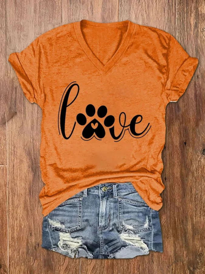 Women's Love Dog Paw Print V-Neck T-Shirt
