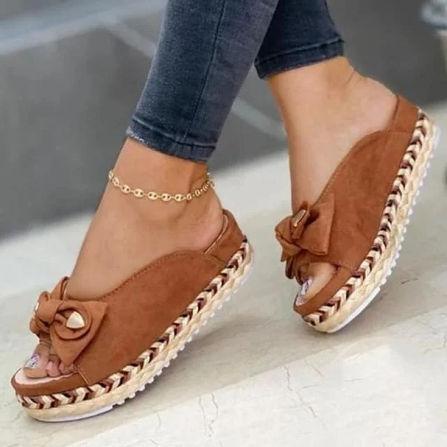2023 Summer Women Slippers Casual Solid Color Bowknot Female Platform Slider Fashion Braided Straps Outdoor Lady Sandals