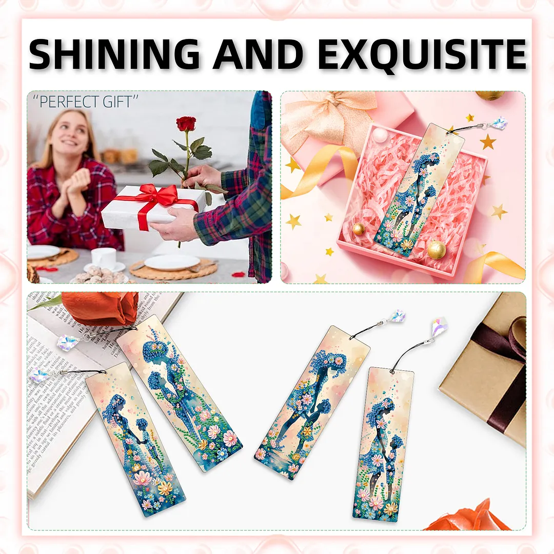 4Pcs Flowers and Parents DIY Diamond Bookmark Art Projects Irregular Shaped Diamonds Diamond Painting Art Bookmarks with Crystal Pendants for DIY Making Beginners Adult Art Craft Supplies