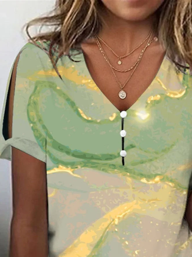 Women's Graphic Printed Short Sleeve Key Hollow V-neck Buttons Top