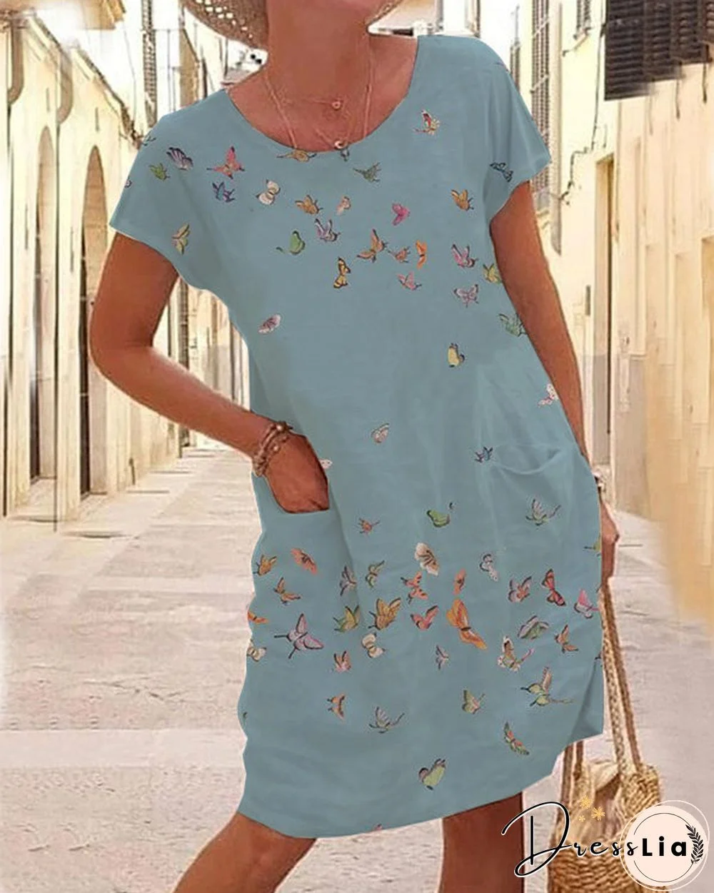 Round Neck Casual Butterfly Print Short Sleeve Knit Dress