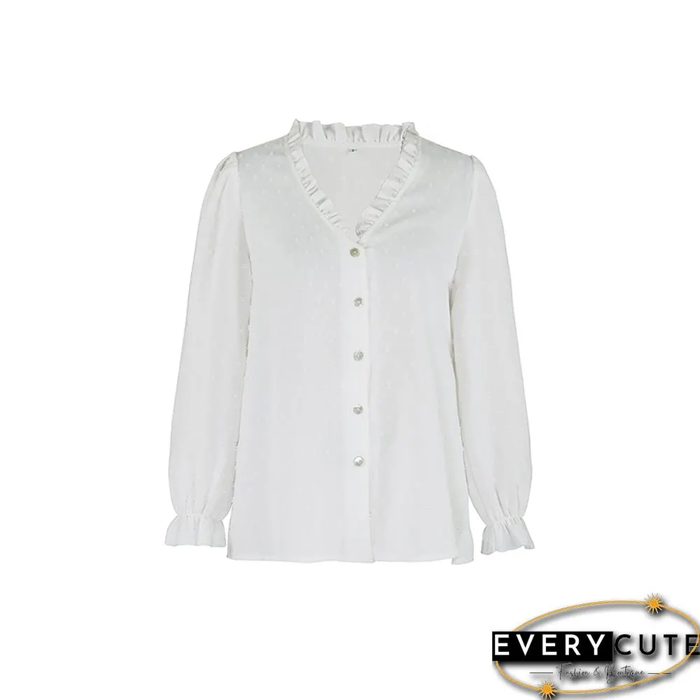 White Ruffle Detail Button V Neck Shirt