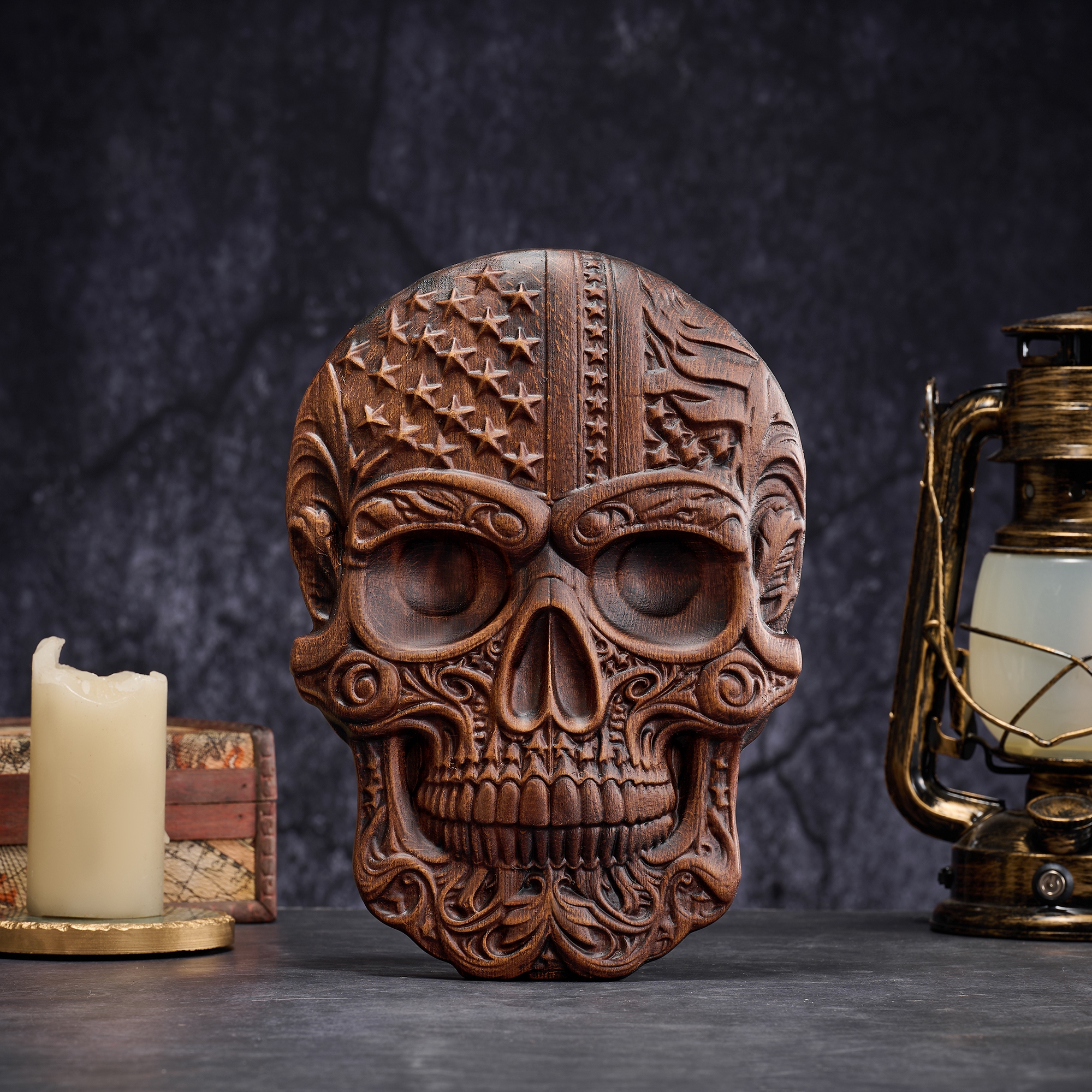Hand-Carved Beech Wood Skull with American Flag Accents