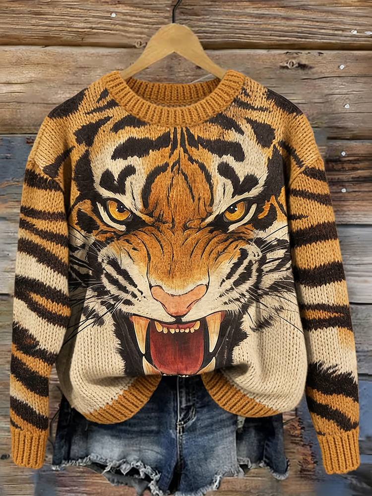 Vintage Forest Tiger Inspired Cozy Knit Sweater wearshes