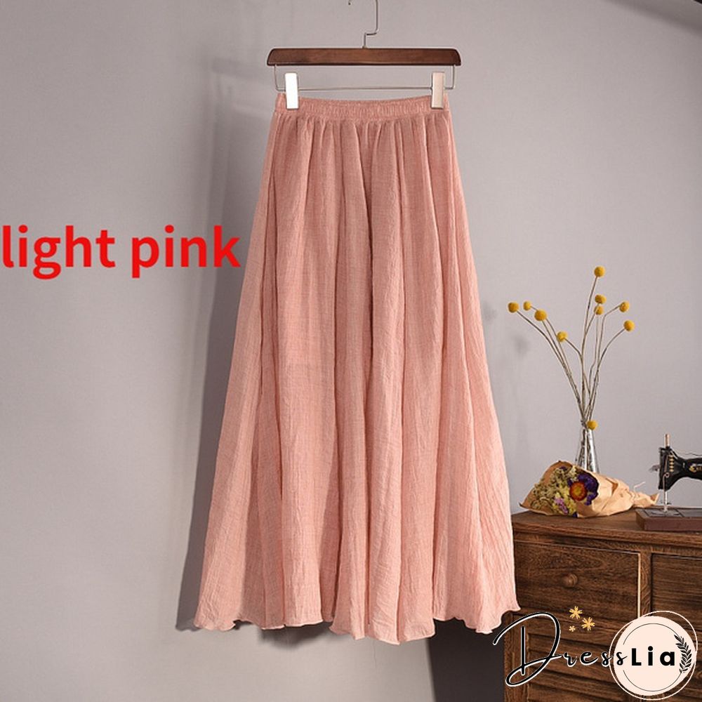 Women Cotton Linen Pleated Maxi Skirt Elastic Waist Vintage Solid Color Boho Beach Spring Summer Pleated Maxi Skirt