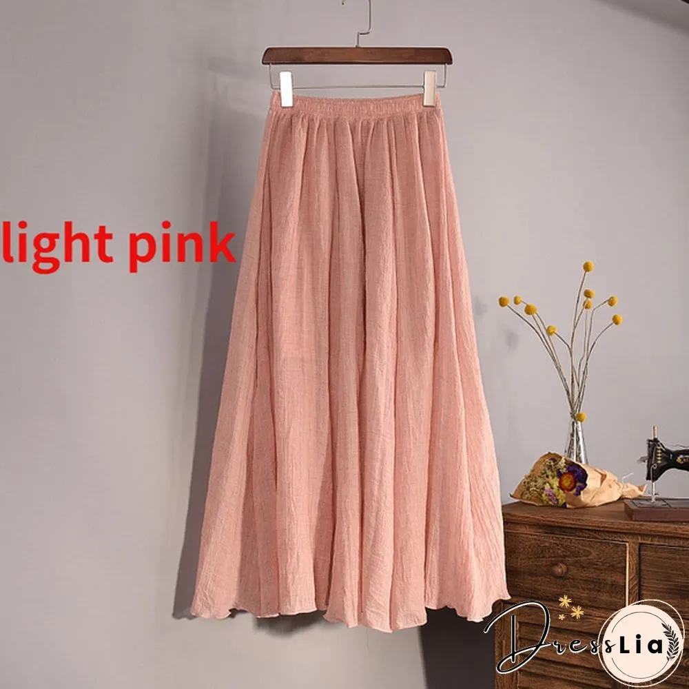 Women Cotton Linen Pleated Maxi Skirt Elastic Waist Vintage Solid Color Boho Beach Spring Summer Pleated Maxi Skirt
