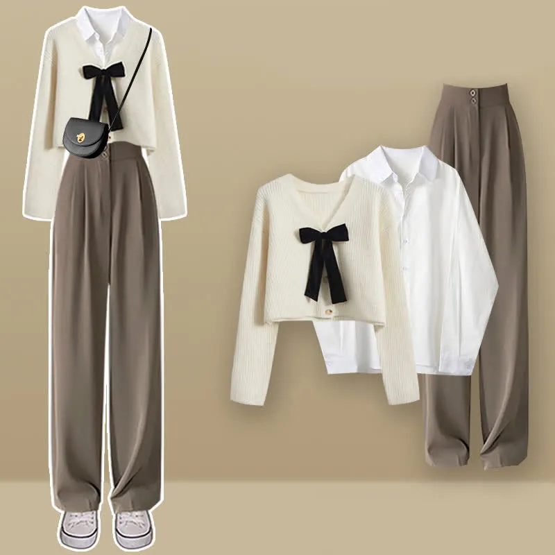 Bow Knot V-neck Cardigan Sweater Shirt Pants Three Pieces