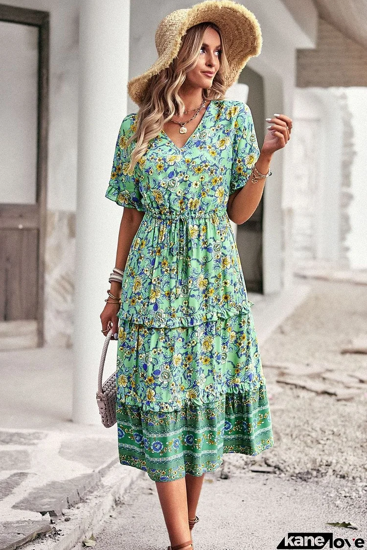 Drawstring V-Neck Short Sleeve Midi Dress