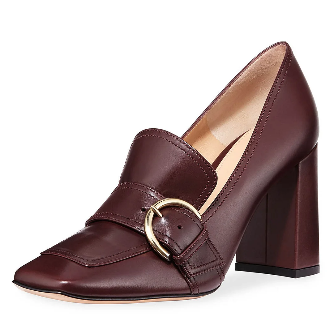 Round Buckle Square Toe Chunky Heeled Loafers Women in Maroon