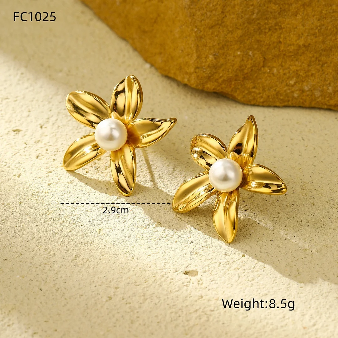 INS Style Inlaid Pearl Flower Titanium Steel Earrings